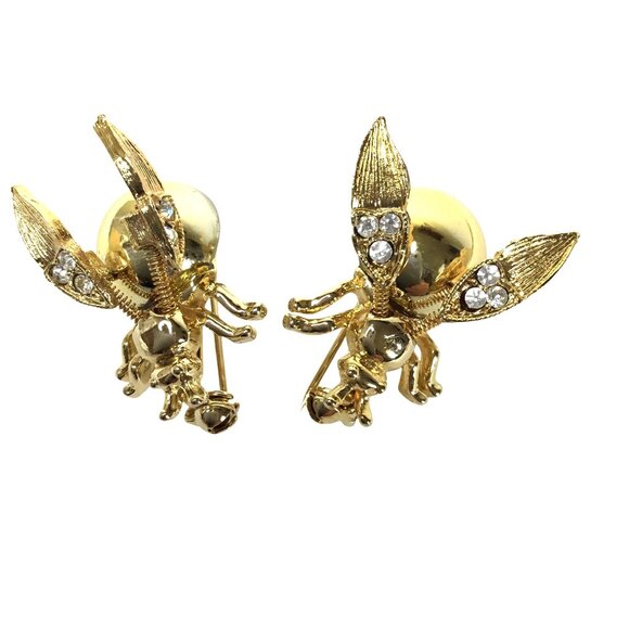 VINTAGE 1980s Bee Wiggle Stick Pins Pair Women Gold Insect Brooches Rhinestones - Picture 1 of 7